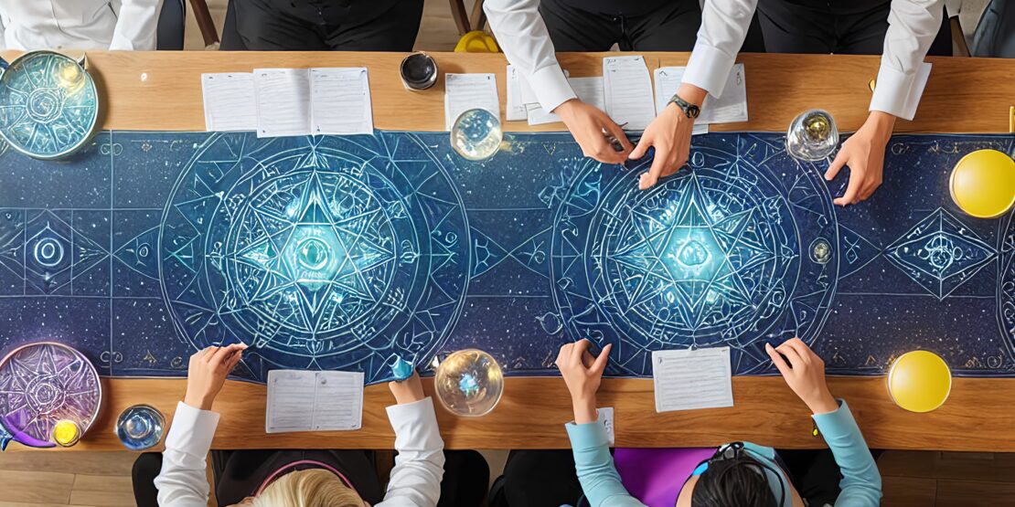 I asked PicFinder AI to imagine a workshop integrating Design Thinking, Double Diamond, Astrology, Alchemy and Spiritualism. It looks like a sellout.